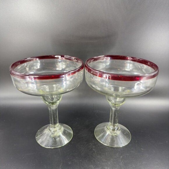 Hand Blown Clear Margarita Drinking Glasses Set 2 With Red Edges Hand Made Glass - Picture 11 of 11